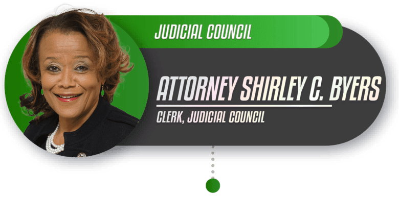 A person with a green background and the name of attorney shirley