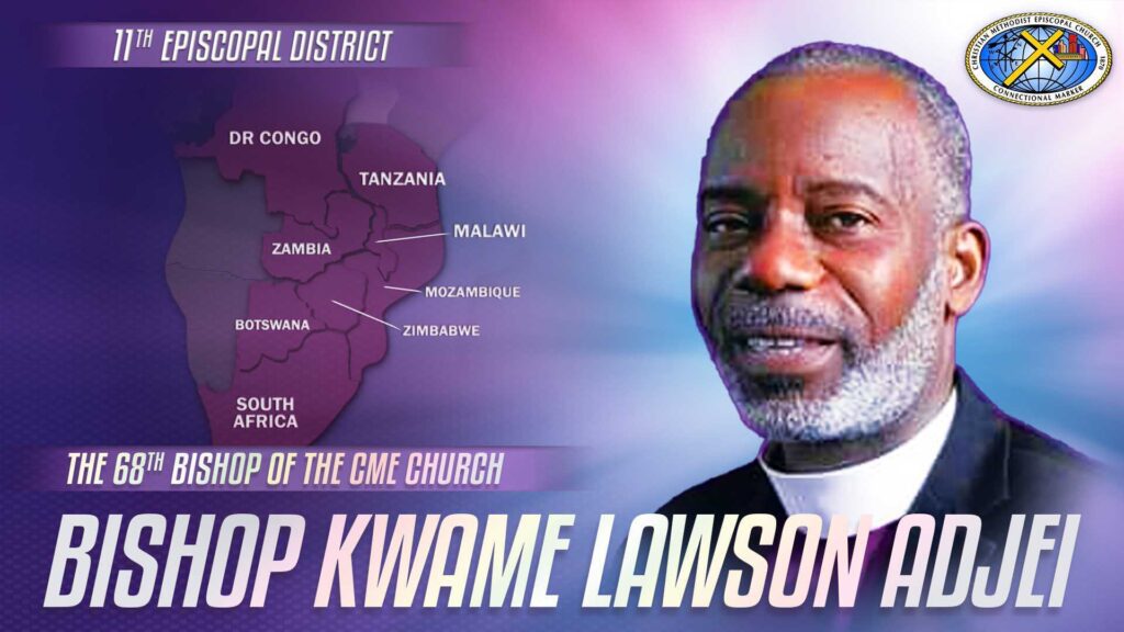 Smiling bishop portrait beside Episcopal district map