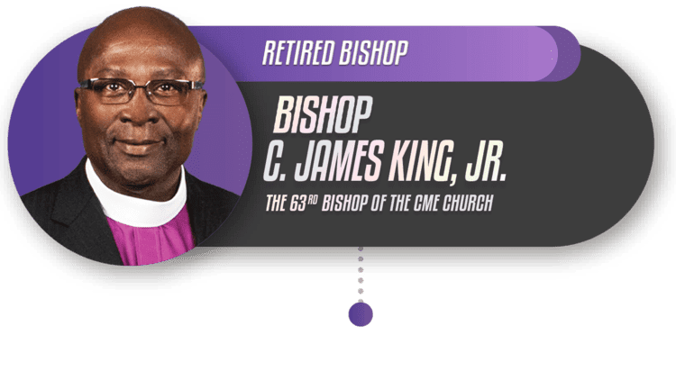 A black and purple background with a picture of bishop james king.