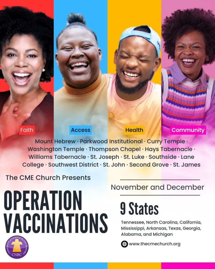 A poster with four people smiling and the words " operation vaccinations ".