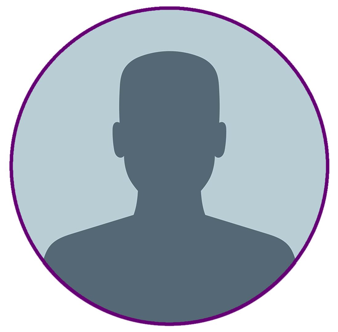 A person 's silhouette in a circle with purple trim.