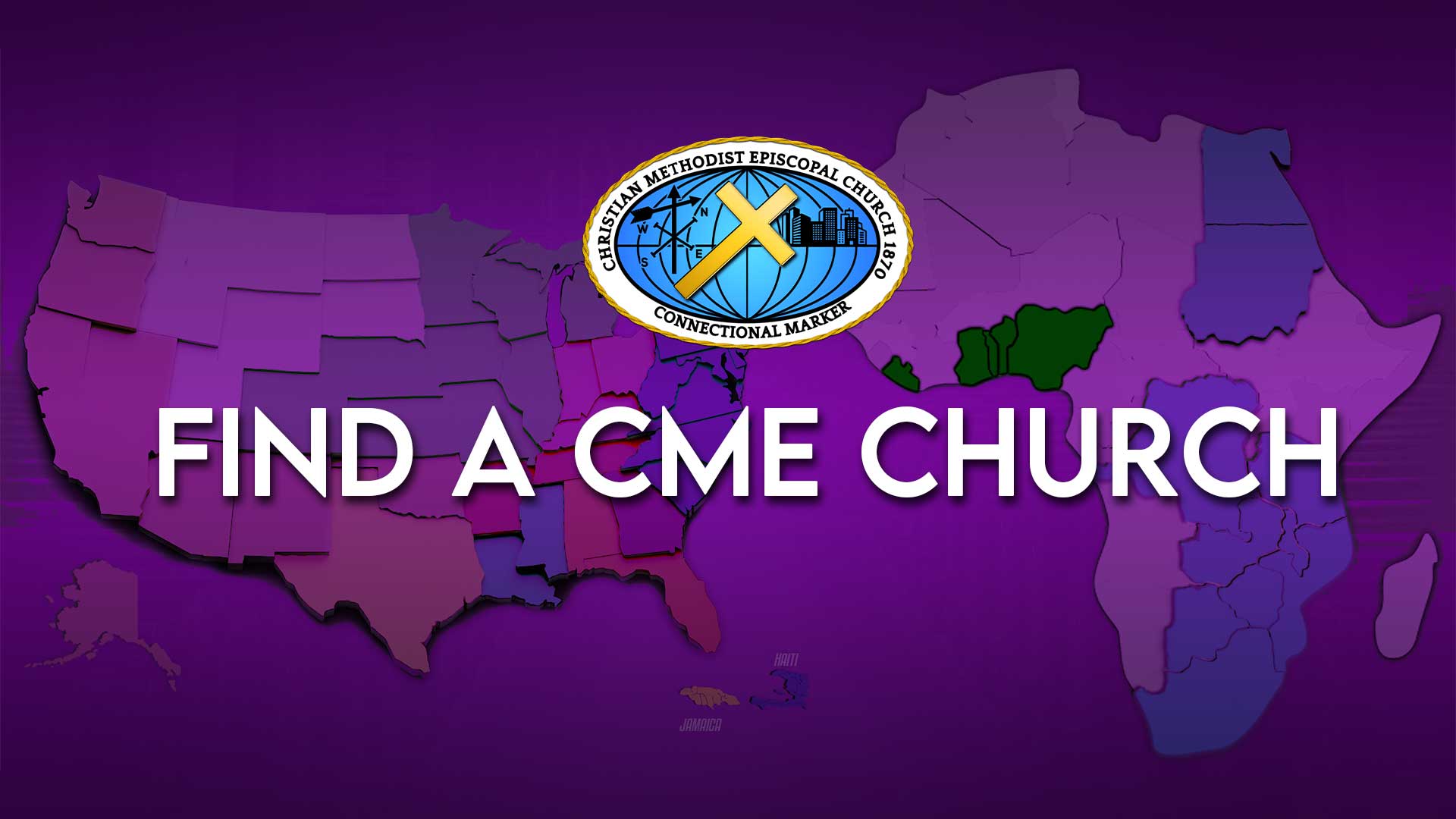 A purple map with the words " find a cme church ".