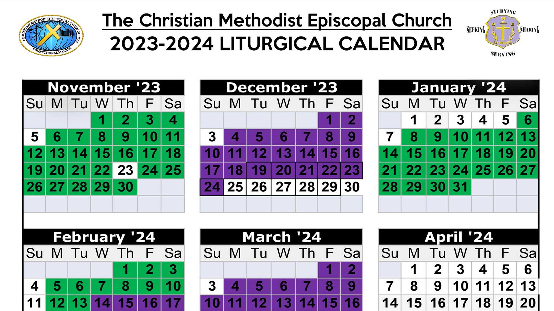 A calendar with the dates of each liturgical year.