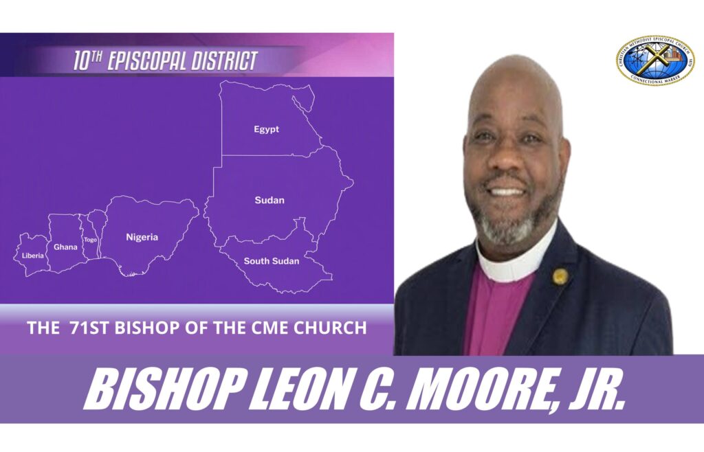 Bishop Leon C. Moore, Jr. with map backdrop.